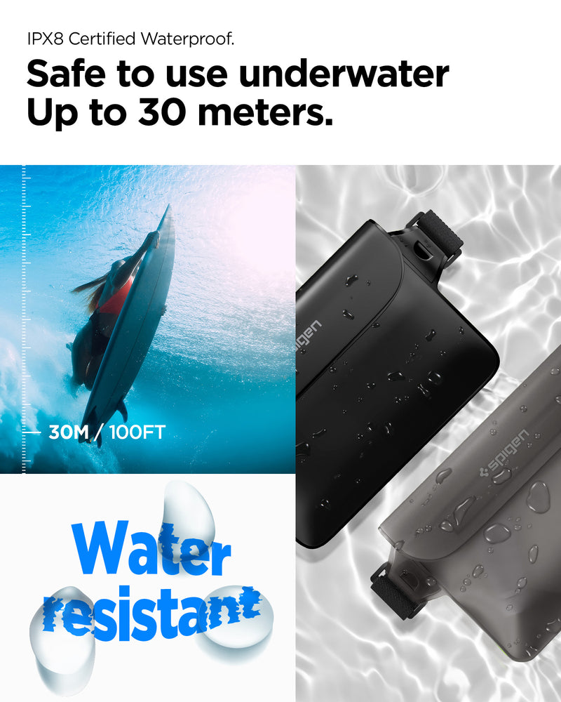 AMP04532 - AquaShield Waterproof Waist Bag A620 in Black showing the IPX8 Certified Waterproof, safe to use underwater to 30 meters (30M / 100FT) 