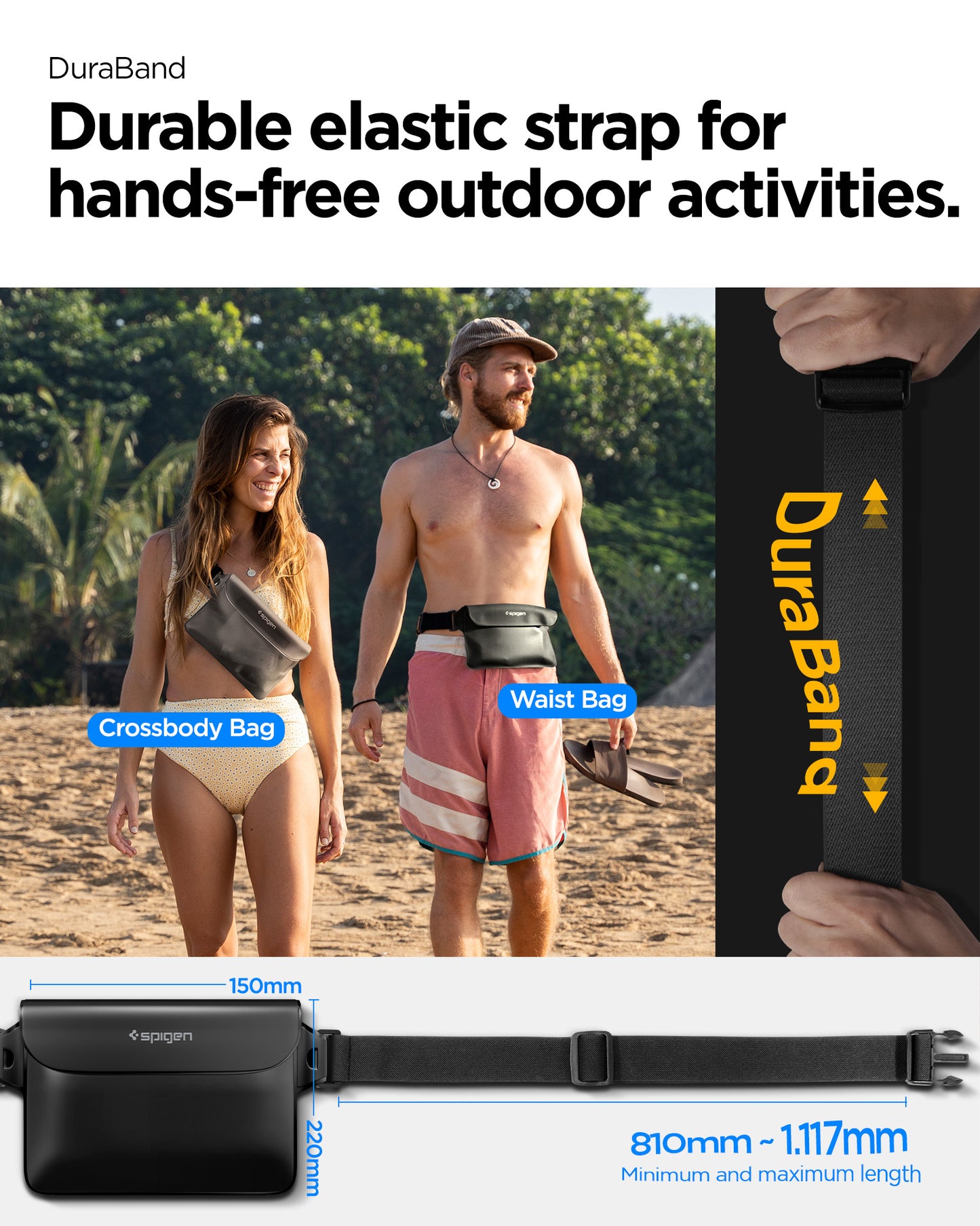 AMP04532 - AquaShield Waterproof Waist Bag A620 in Black showing the durable elastic strap for hands-free outdoor activities, with 810mm-1.117mm length