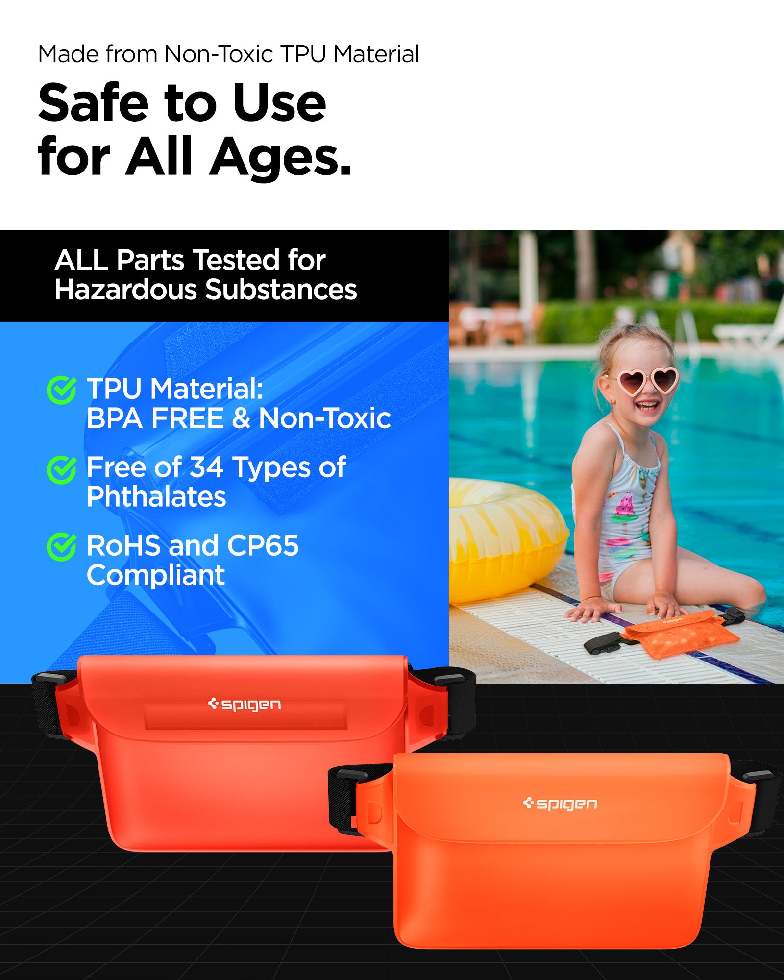 AMP06021 - AquaShield Waterproof Waist Bag (2 Pack) A620 in Sunset Orange showing that it is made form Non-Toxic TPU Material, safe to use for all ages, all parts tested for hazardous substances, BPA Free & Non-toxic, free of 34 types of phthalates and RoHS and CP65 compliant