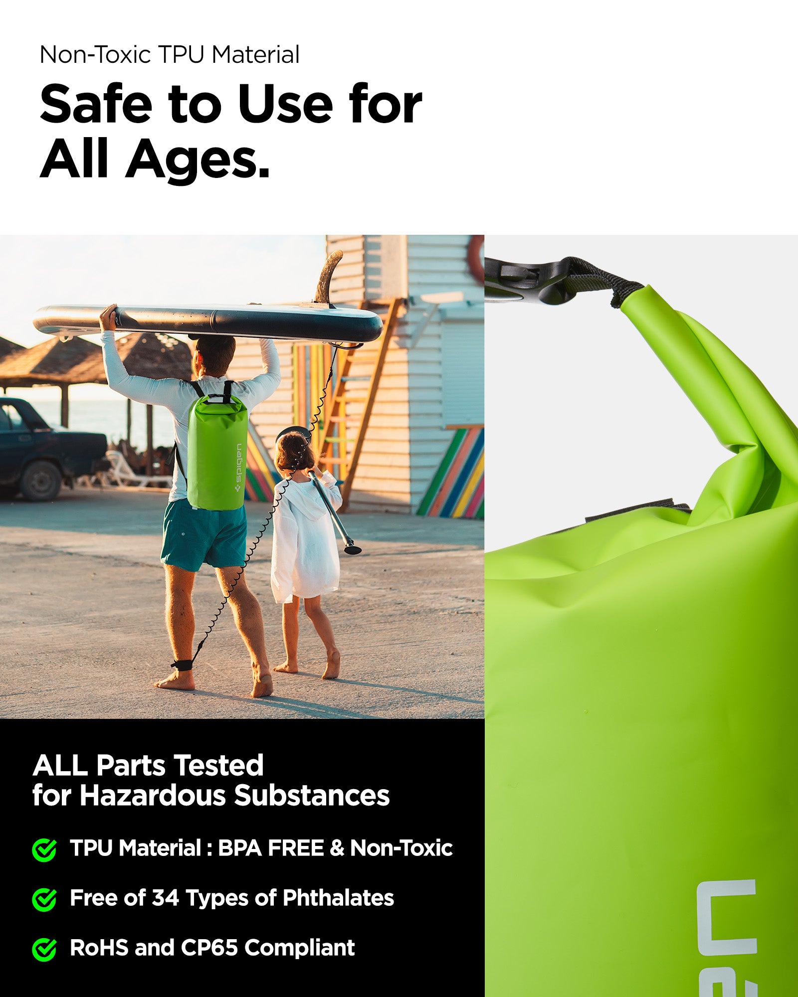 AMP07230 - AquaShield Waterproof Bag A631 in Cactus Green showing the non-toxic TPU material, safe to use for all ages, all parts tested for hazardous substances, BPA FREE & Non-Toxic, Fee of 34 types of Phthalates, RoHS and CP65 compliant