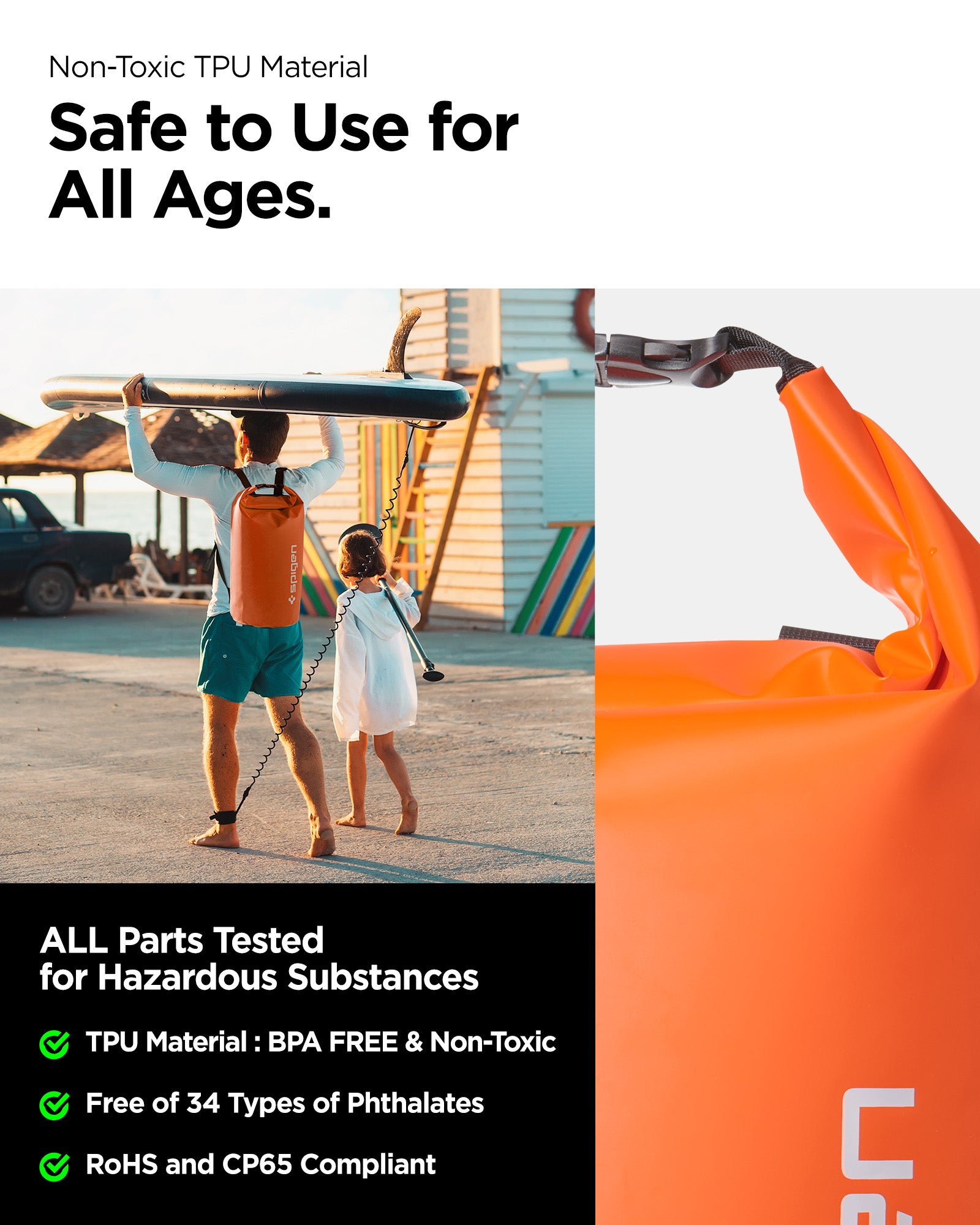 AMP07227 - AquaShield Waterproof Bag A631 in Sunset Orange showing the non-toxic TPU material, safe to use for all ages, all parts tested for hazardous substances, BPA FREE & Non-Toxic, Fee of 34 types of Phthalates, RoHS and CP65 compliant