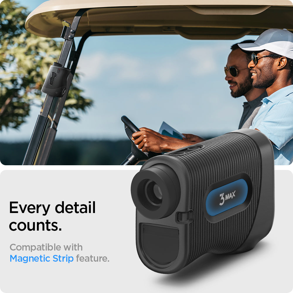 ACS05191 - Blue Tees Golf Series 3 Max Rangefinder AirTag Case Silicone Fit in black showing the every detail counts, compatible with magnetic strip feature