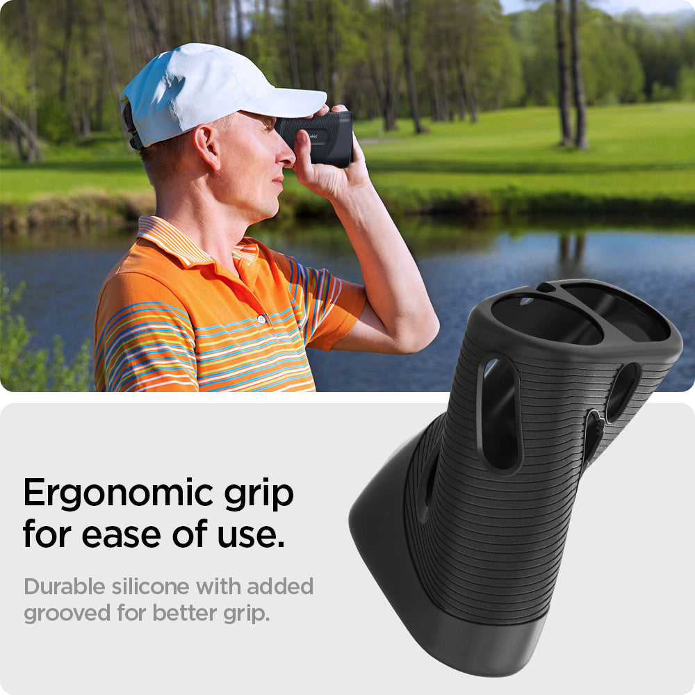 ACS05191 - Blue Tees Golf Series 3 Max Rangefinder AirTag Case Silicone Fit in black showing the ergonomic grip for ease of use, durable silicone with added grooved for better grip