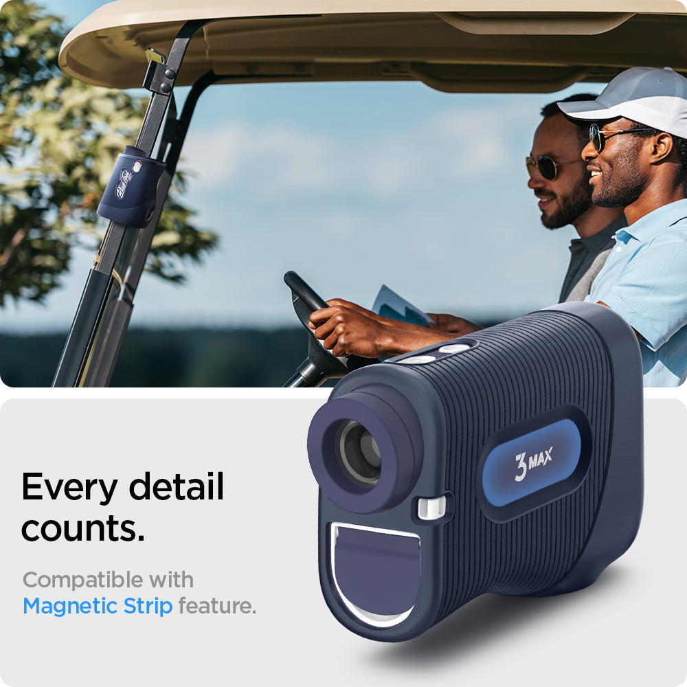 ACS04801 - Blue Tees Golf Series 3 Max Rangefinder AirTag Case Silicone Fit in navy blue showing every detail counts, compatible with magnetic strip feature