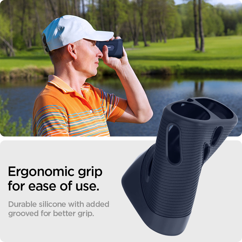 ACS04801 - Blue Tees Golf Series 3 Max Rangefinder AirTag Case Silicone Fit in navy blue showing the ergonomic grip for ease of use, durable silicone with added grooved for better grip