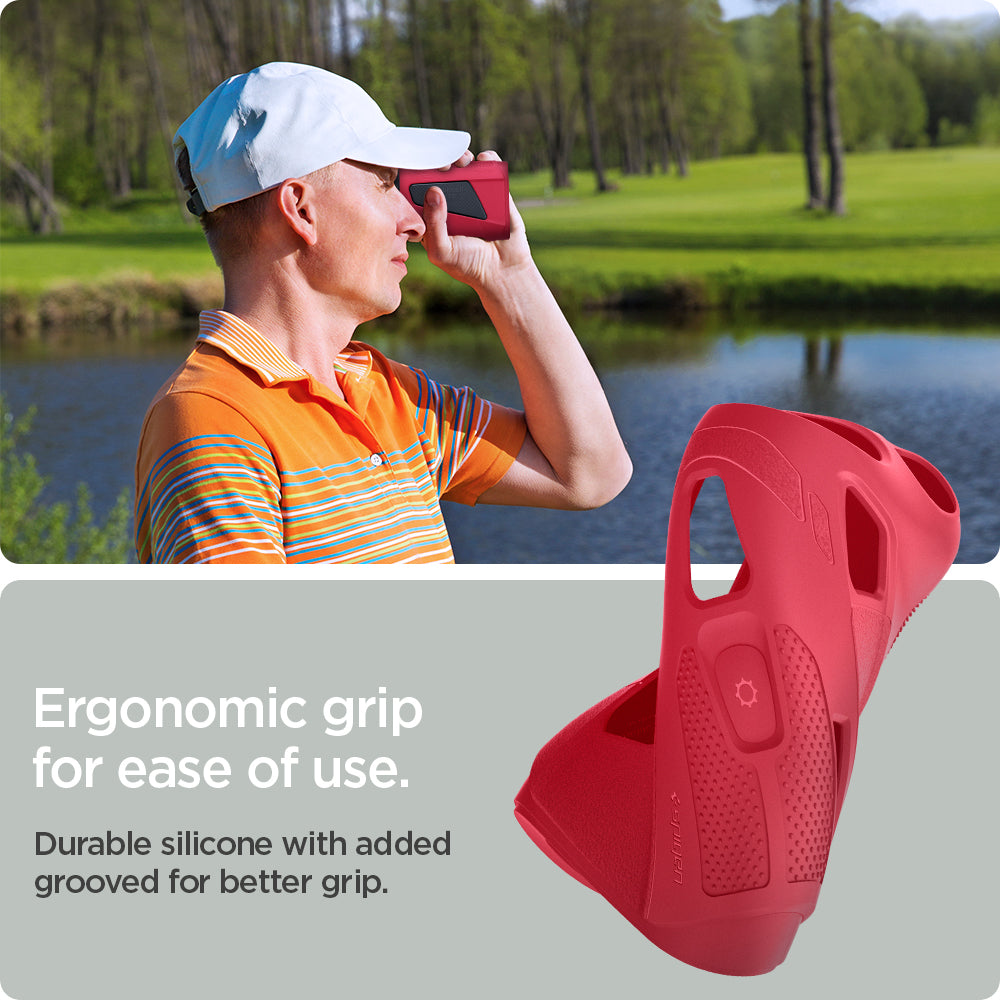 ACS07053 - Bushnell Tour V6 Rangefinder Case in red showing the ergonomic grip for ease of use, durable silicone with added grooved for better grip