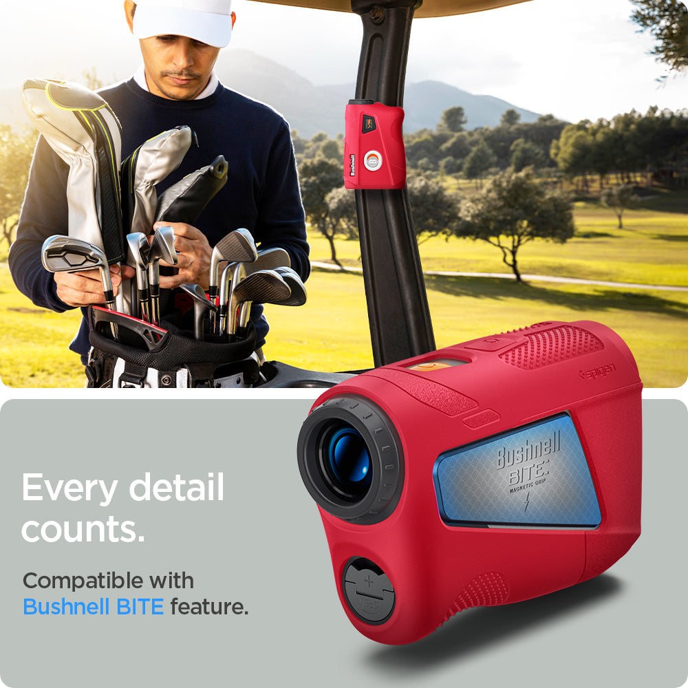 ACS07051 - Bushnell Tour V6 Shift Rangefinder Case in red showing the compatible with Bushnell BITE feature