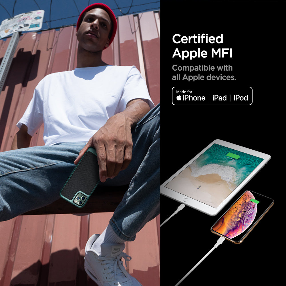 000CA25416 - DuraSync™ USB-C to Lightning Cable C10CL in White showing the Certified Apple MFI. Compatible with all Apple devices. Showing 2 devices and a man holding a device (made for iPhone, iPad, iPod)