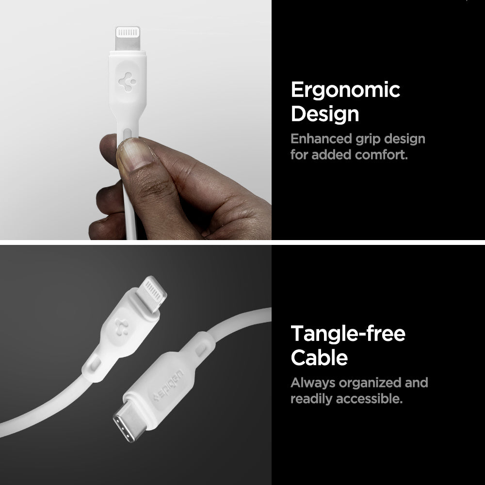 000CA26356 - DuraSync™ USB-C to Lightning Cable C10CL in White showing the Ergonomic Design. Enhanced grip design for added comfort. Tangle-free Cable. Always organized and readily accessible. Showing a single charger head while a hand was holding it and 2 charging heads on the other side