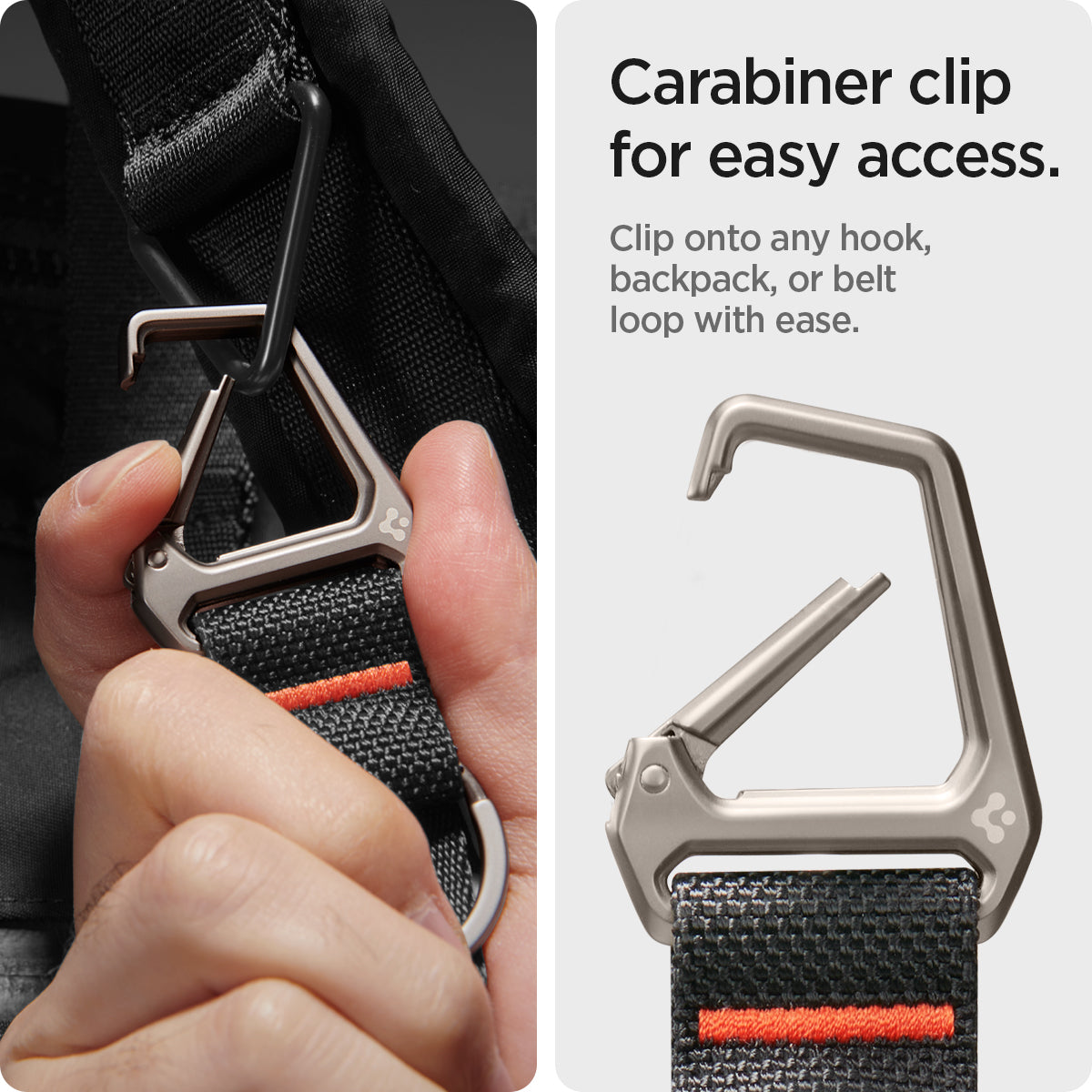 AHP05472 - Carabiner Black Strap + Key Ring showing the carabiner clip for easy access, clip onto any hook, backpack, or belt loop with ease