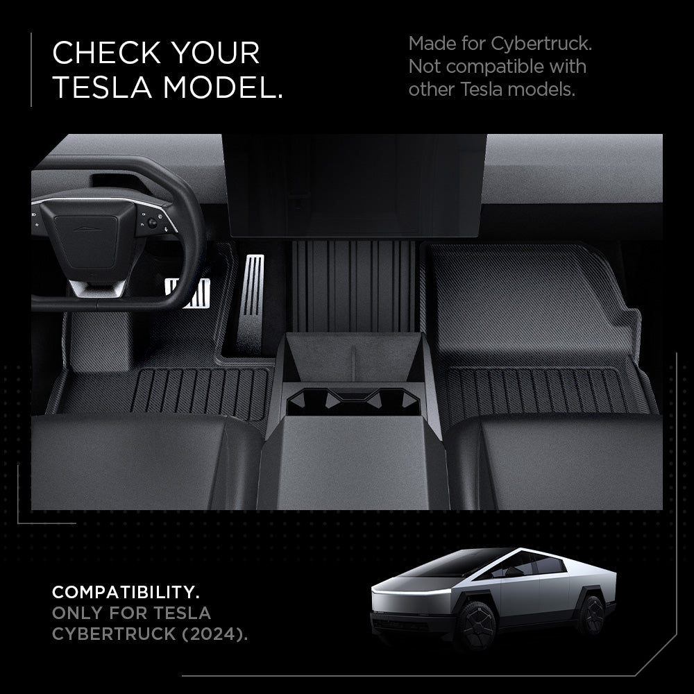 ACP08260 - Tesla Cybertruck WeatherBloc Floor Mat CLF in Black showing the check your tesala model, made for cybertruch, not comatible with other tesla models, compatibility, only for tesla cybertruck (2024)