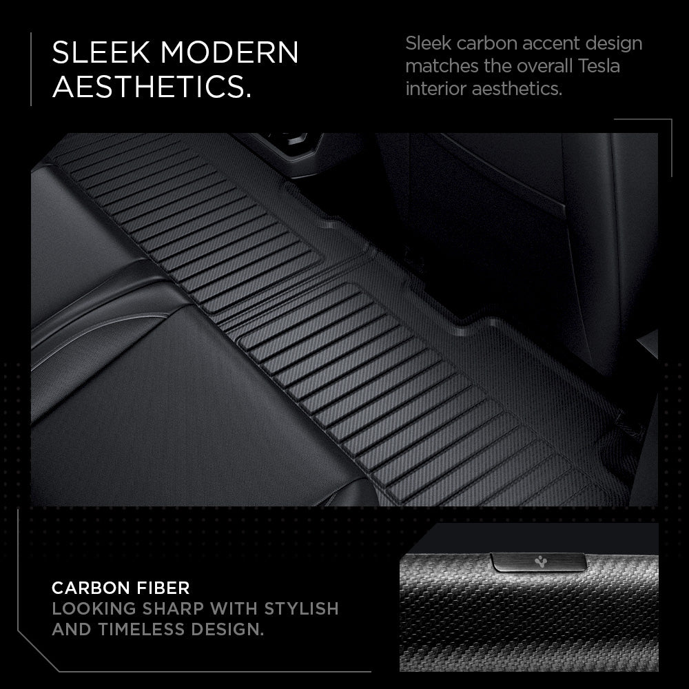 ACP08260 - Tesla Cybertruck WeatherBloc Floor Mat CLF in Black showing the sleek modern aesthetics, sleek carbon accent design matches the overall tesla interior aesthetics, carbon fiber looking sharp with stylish and timeless design