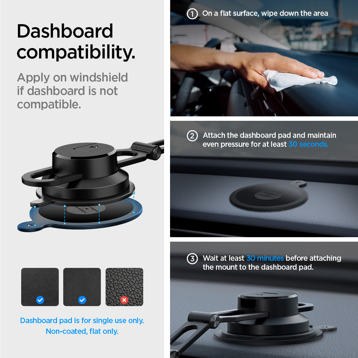 ACP07405 - OneTap Pro 3 CryoMax™ Dashboard Car Mount ITS35WC (MagFit) in Black showing the dashboard compatiblity, apply on windshield if dashboard is not not compatible, follow instructions on installation