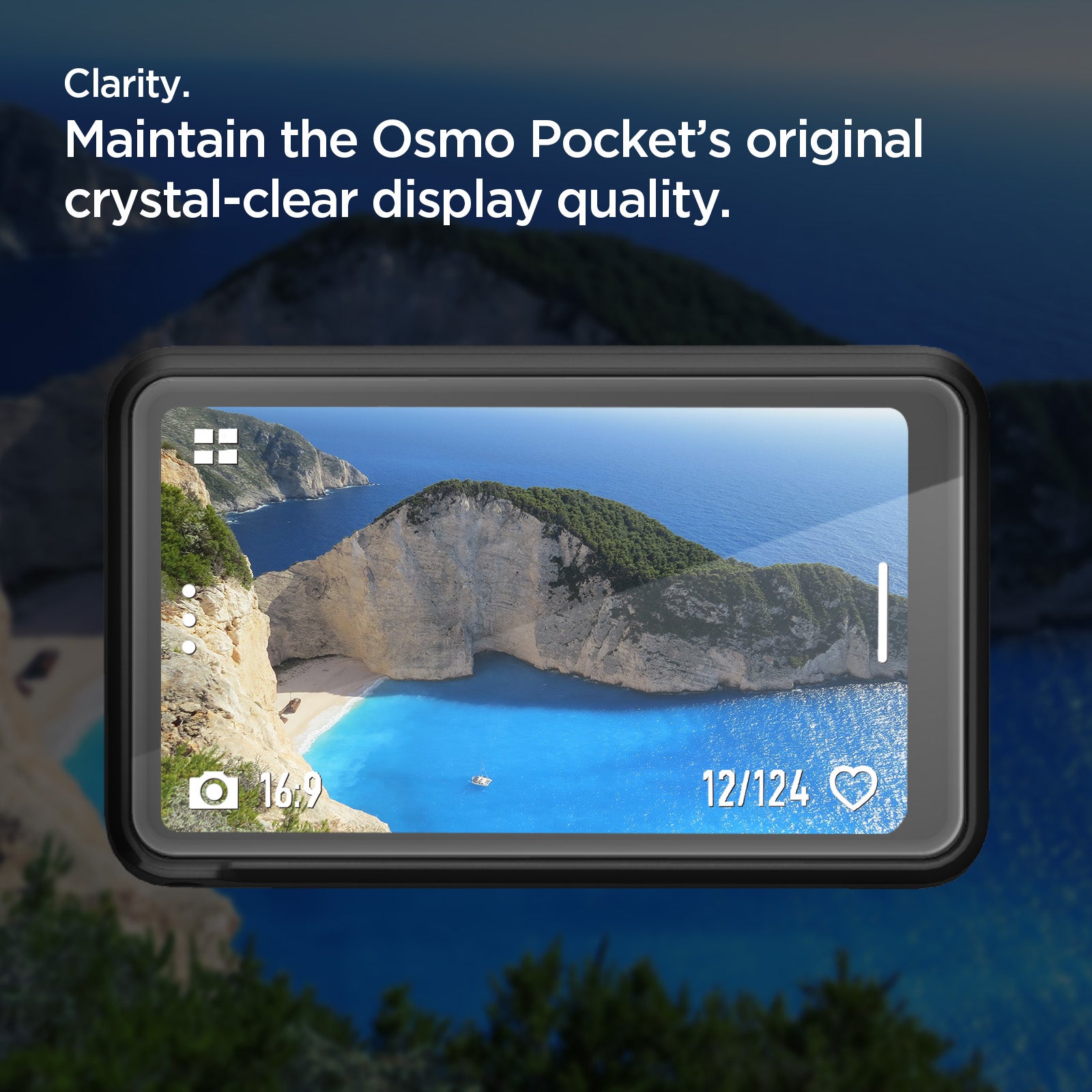 AGL07481 - DJI Osmo Pocket 3 Glas.tR SLIM in Clear showing the clarity, maintain the Osmo pocket's original crystal-clear display quality