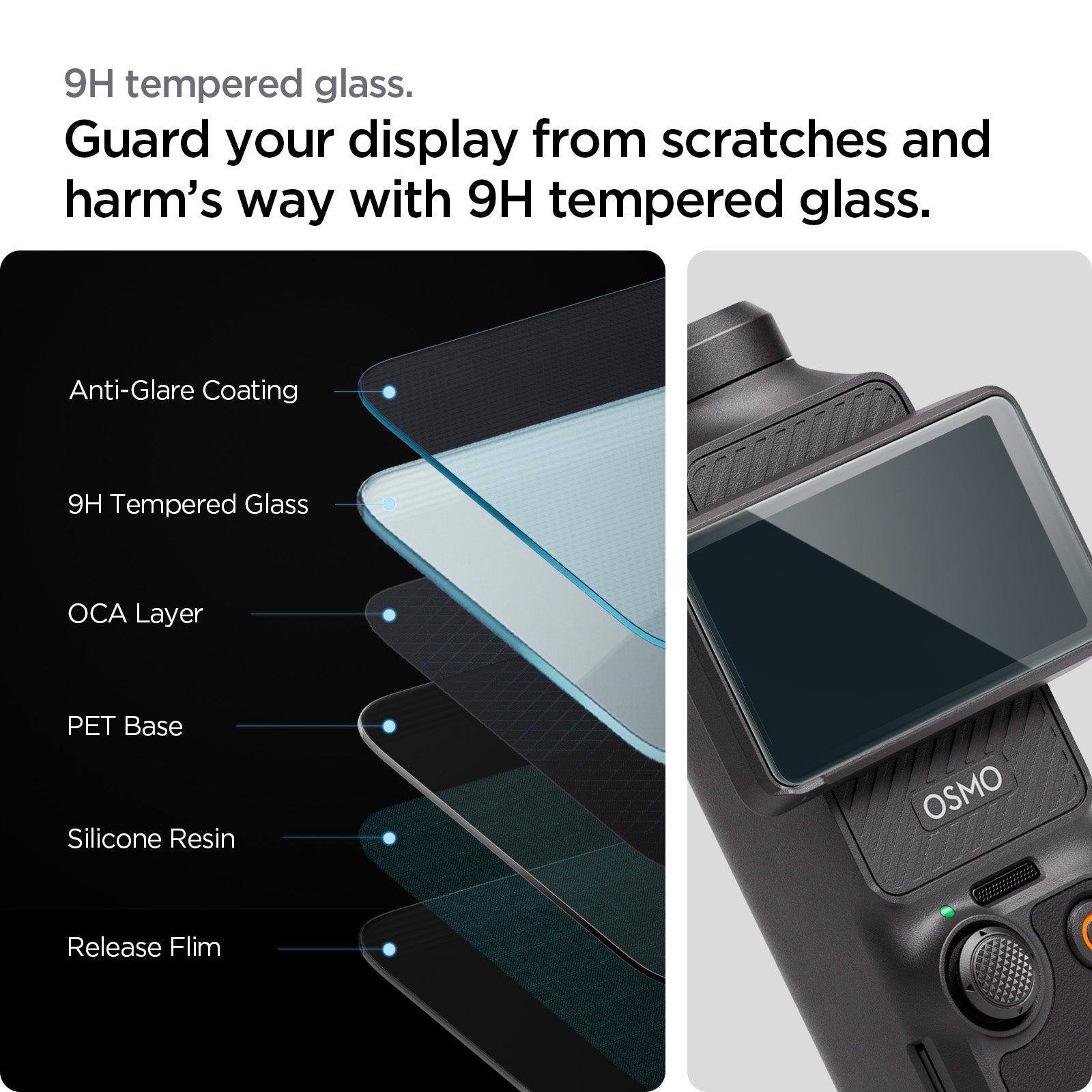 AGL07481 - DJI Osmo Pocket 3 Glas.tR SLIM in Clear showing the 9H tempered glass, guard your display from scratches and harm's way with 9H tempered glass, anti-glare coating, 9H tempered glass, OCA layer, PET base, silicone resin, release film