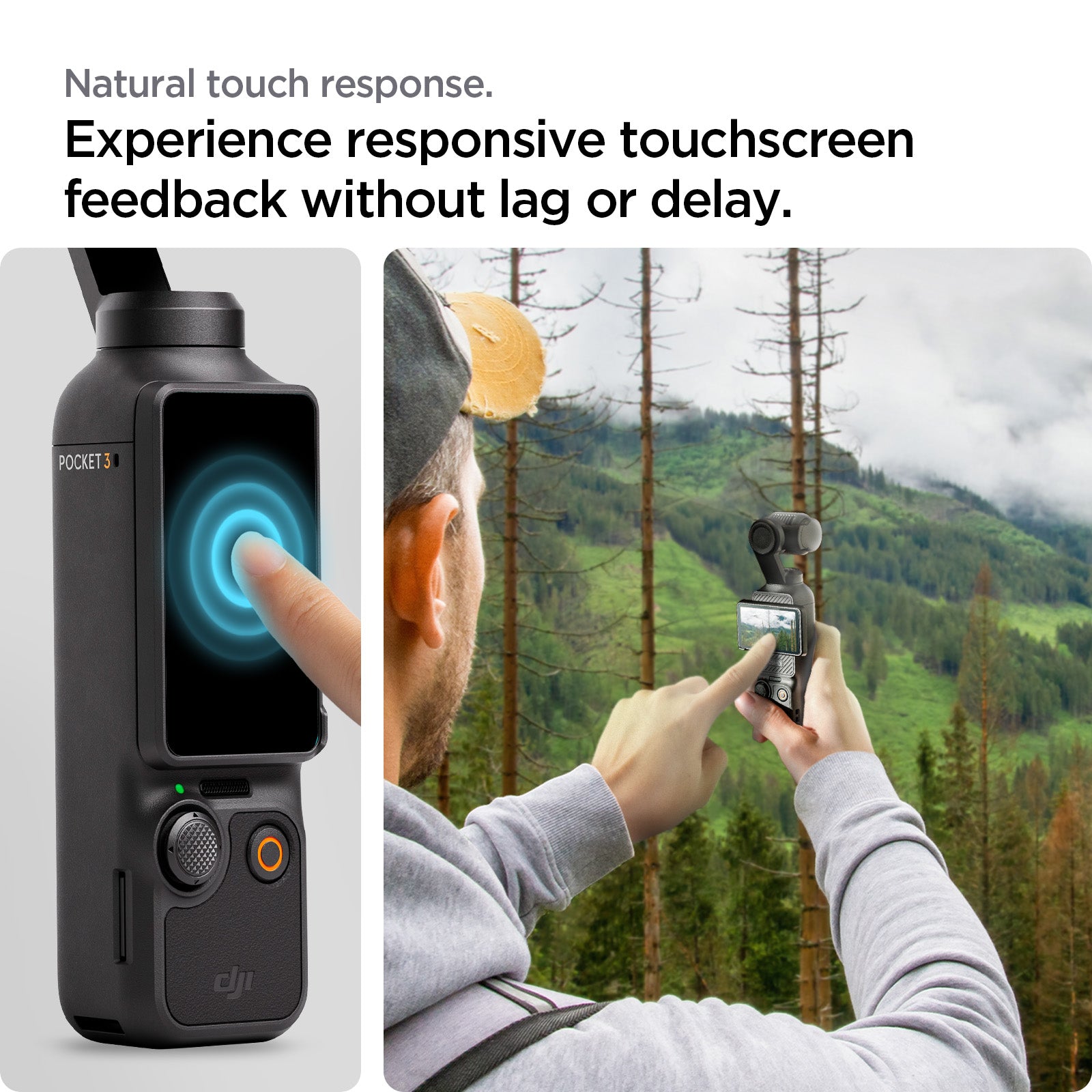 AGL07481 - DJI Osmo Pocket 3 Glas.tR SLIM in Clear showing the natural touch response, experience responsive touchscreen feedback without lag or delay