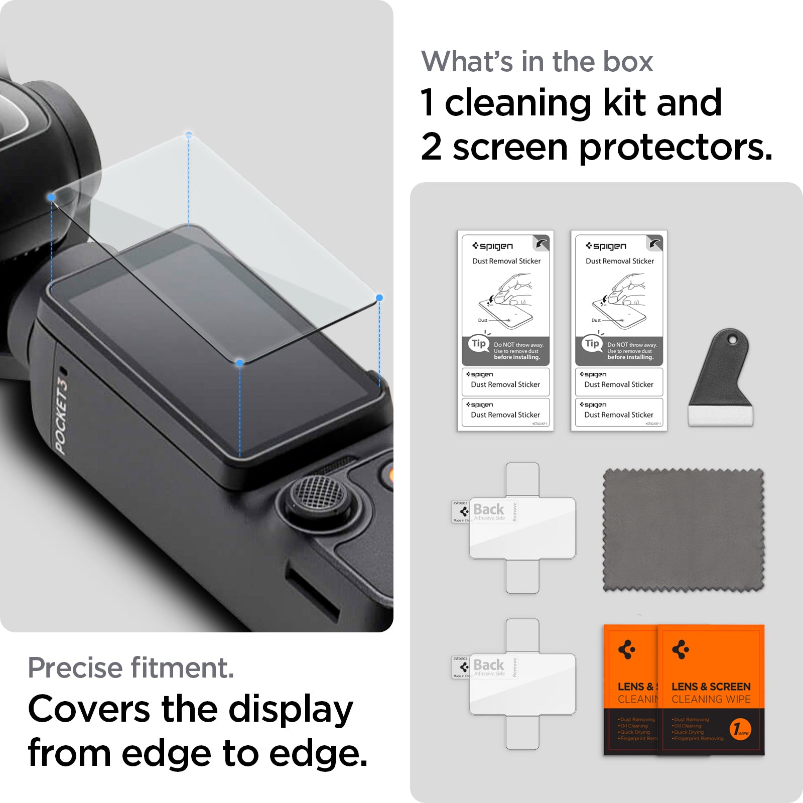 AGL07481 - DJI Osmo Pocket 3 Glas.tR SLIM in Clear showing the what's in the box 1. cleaning kit and 2 screen protectors, precise fitment, covers the display from edge to edge