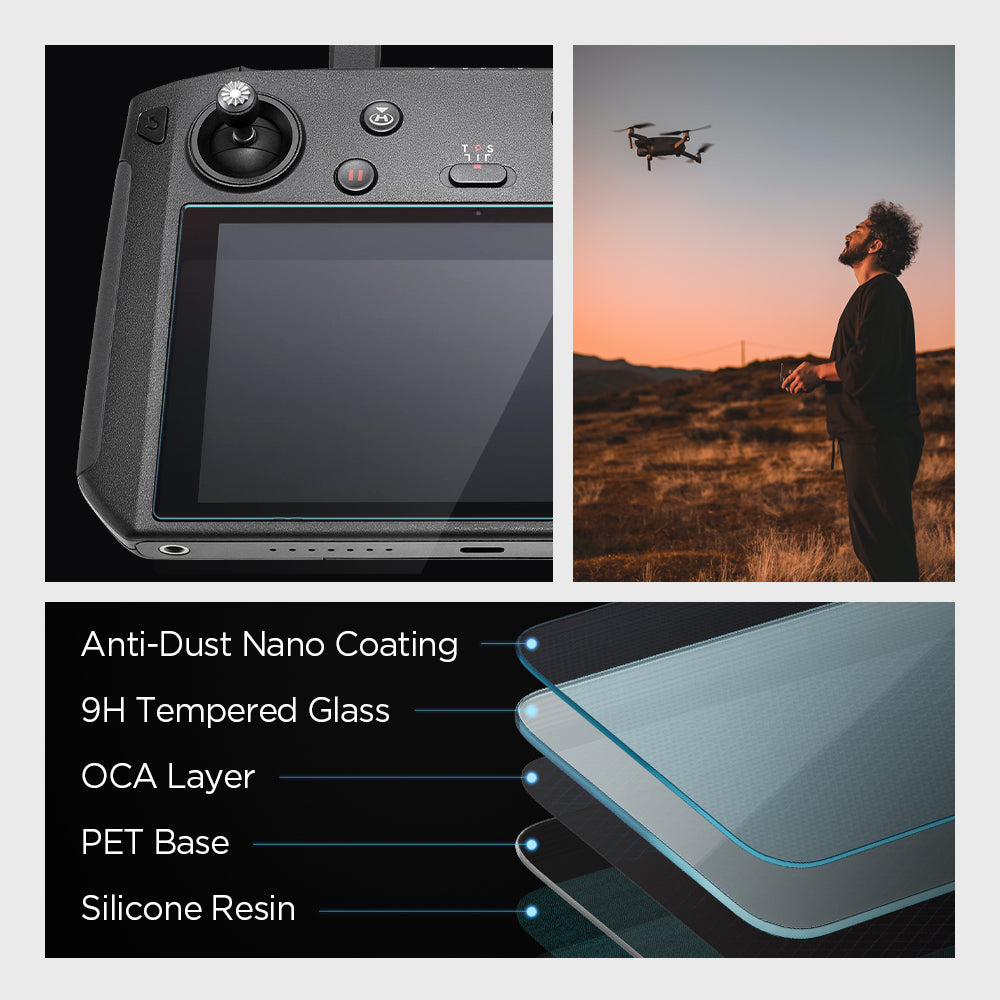 AGL05590 - DJI RC Pro Series Screen Protector EZ FIT GLAS.tR showing the anti-dust nano coating, 9H tempered glass, OCA layer, PET base and silicone resin 