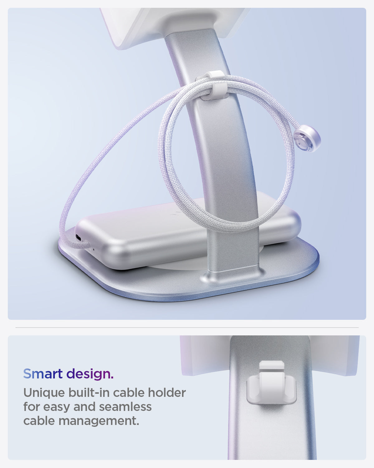 AGP08664 - Apple Vision Pro Stand DR110 in White showing the smart design, unique built-in cable holder for easy and seamless cable management