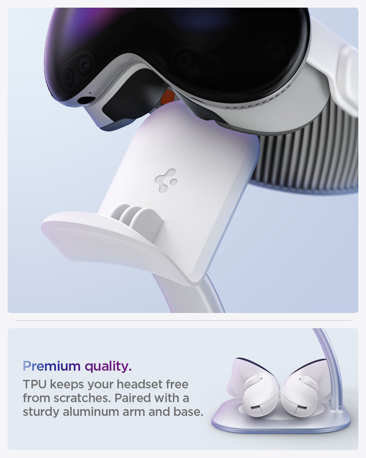 AGP08664 - Apple Vision Pro Stand DR110 in White showing the premium quality, TPU keeps your headset free from scratches, paired with a sturdy aluminum arm and base