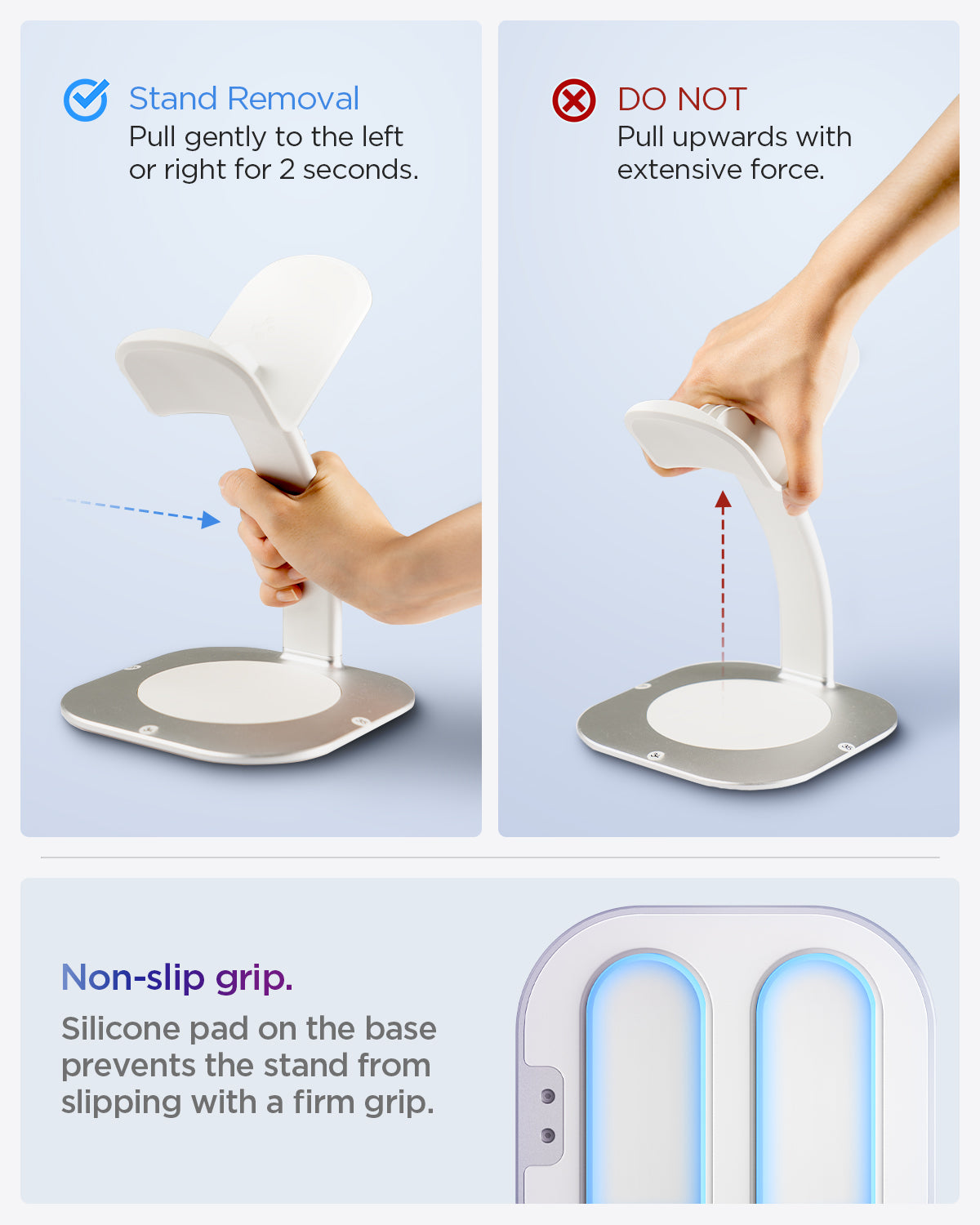 AGP08664 - Apple Vision Pro Stand DR110 in White showing the stand removal, pull gently to the left or right for 2 seconds, DO NOT pull upwards with extensive force, Non-slip grip, silicone pad on the base prevents the stand from slipping with a firm grip