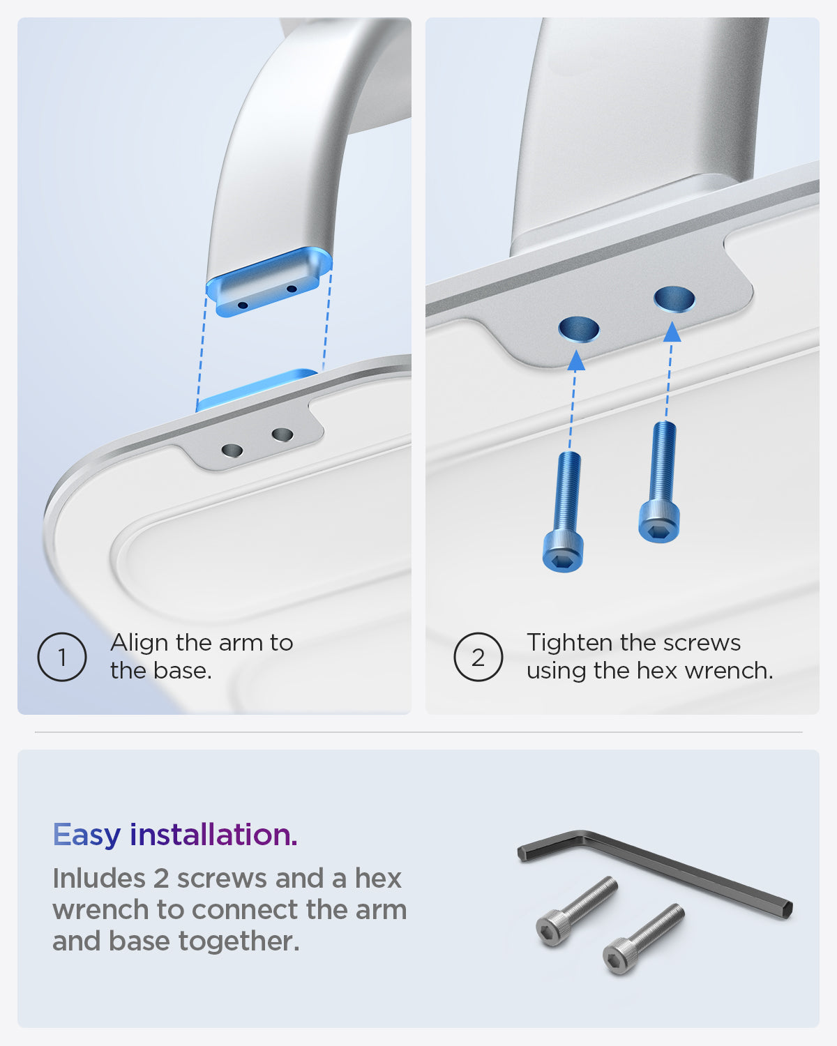 AGP08664 - Apple Vision Pro Stand DR110 in White showing the easy installation process, align the arm to the base, tighten the screws using the hex wrench, includes 2 screws and a hex wrench to connect the arm and base together