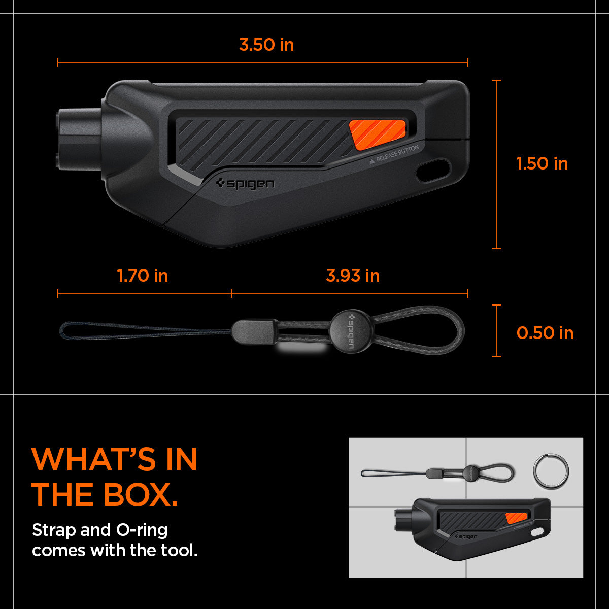 ACP06988 - Car Escape Tool in Black showing the What's in the Box, Strap and O-ring comes with the tool, with the dimension 3.50 in x 1.50 in  of a tool and 1.70 in  x 3.93 in x 0.50 in string 