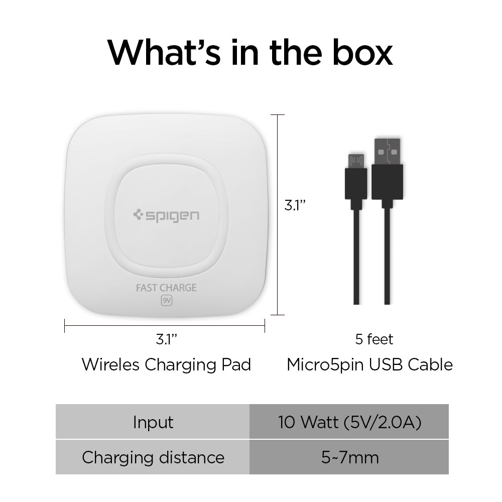 000CH22588 - Essential® 10W Wireless Charger F301W in White showing the what's in the box, wireless charging pad (3.1" x 3.1") 5 ft micro5pin USB cable, input 10 Watt (5V2.0A) charging distance (5-7mm)