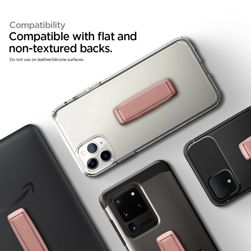 AMP01143 - Flex Strap in rose gold showing the compatibility, compatible with flat and non-textured backs, do not use on leather/silicone surfaces