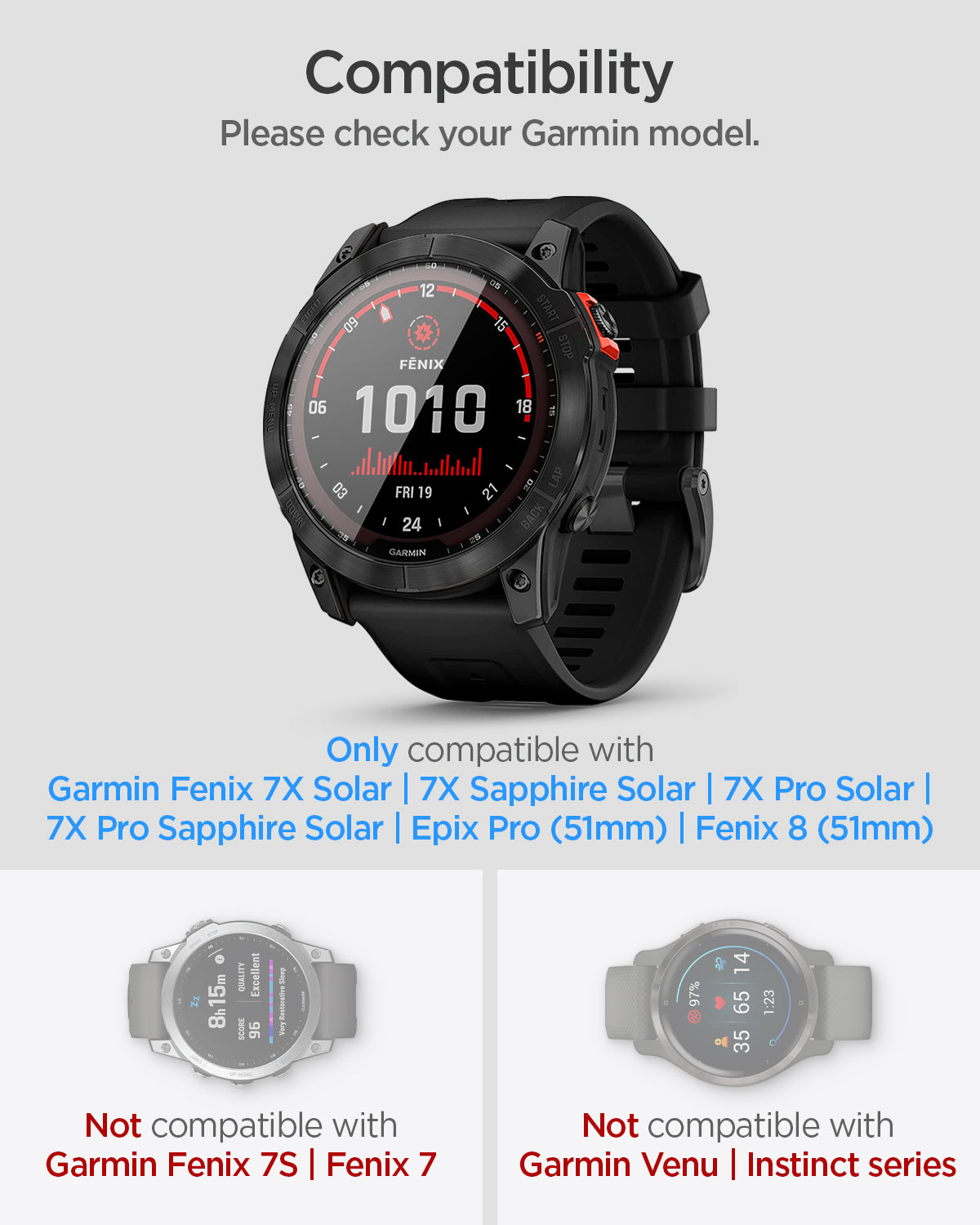 AGL04633 - Garmin Fenix 7x Screen Protector EZ FIT Glas.tR showing the compatibility, please check your Garmin model, only compatible with Garmin Fenix 7X solar | 7X Sapphire Solar | 7X Pro Solar | 7X Pro Sapphire Solar | Epix Pro (51mm) | Fenix 8 (51mm) Not Compatible with Garmin Fenix 7S | Fenix 7 | Garmin Venu | Instinct series