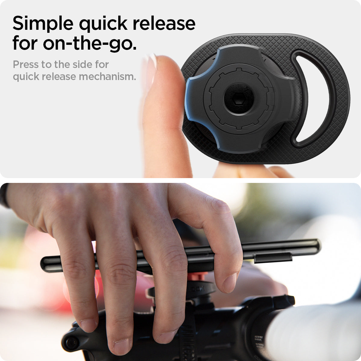 000MP25057 - Gearlock MS100 Bike Mount Stem / Handlebar in black showing the simple quick release for on-the-go, press to the side for quick release mechanism