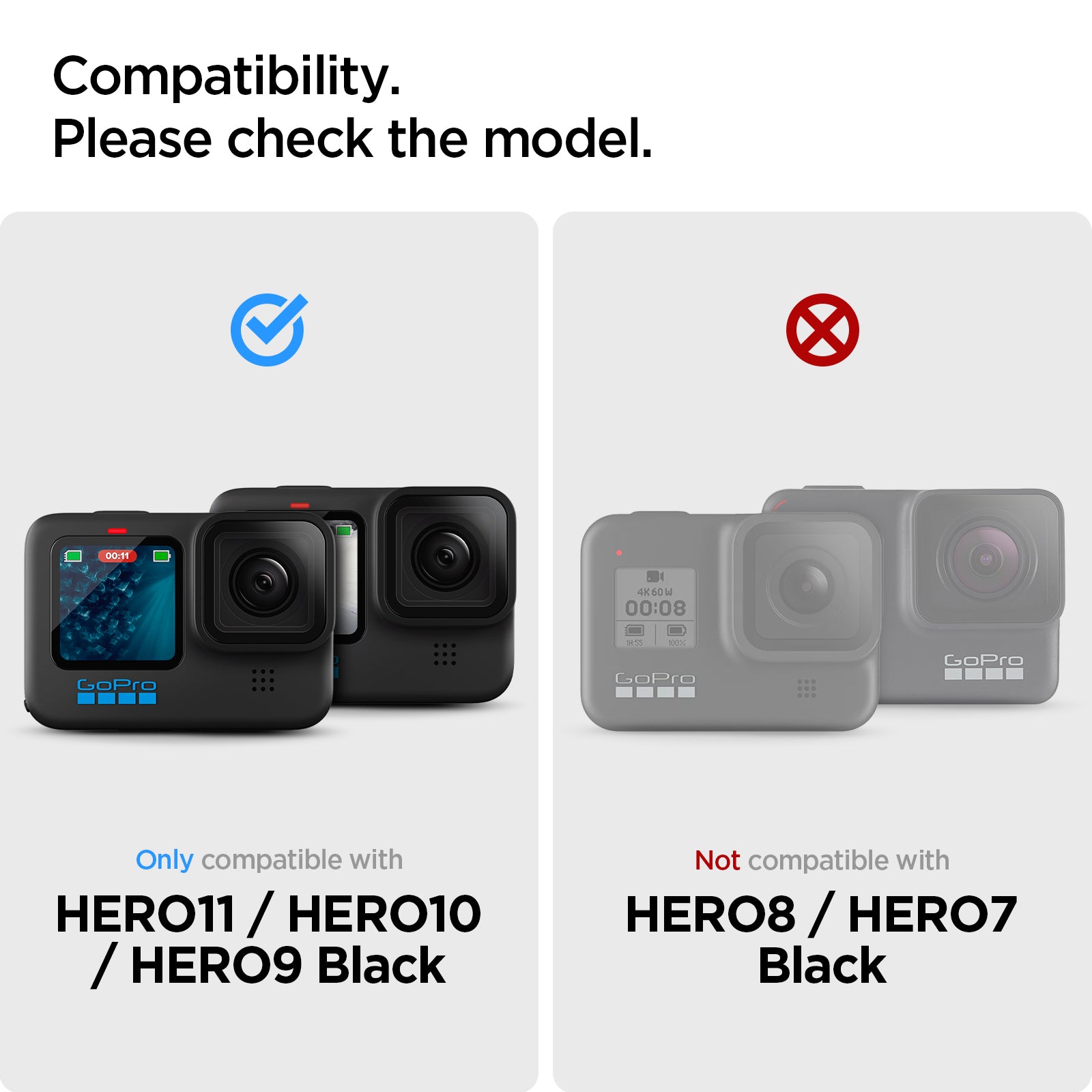 AGL03045 - HERO Series Screen Protector EZ FIT GLAS.tR showing the  compatibility, please check the model, only compatible with  HERO11 / HERO10 / HERO9 Black, not compatible with HERO8 / HERO7 Black