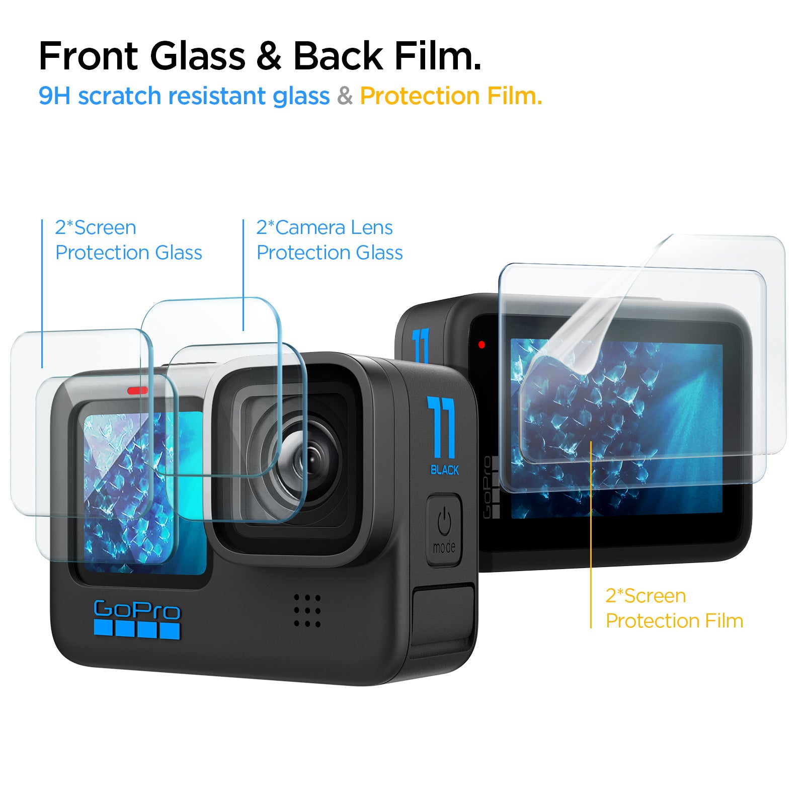 AGL03045 - HERO Series Screen Protector EZ FIT GLAS.tR showing the  front glass & back film, 9H scratch resistant glass & protection film, 2*screen protection glass, 2*camera lens protection glass, 2*screen protection film