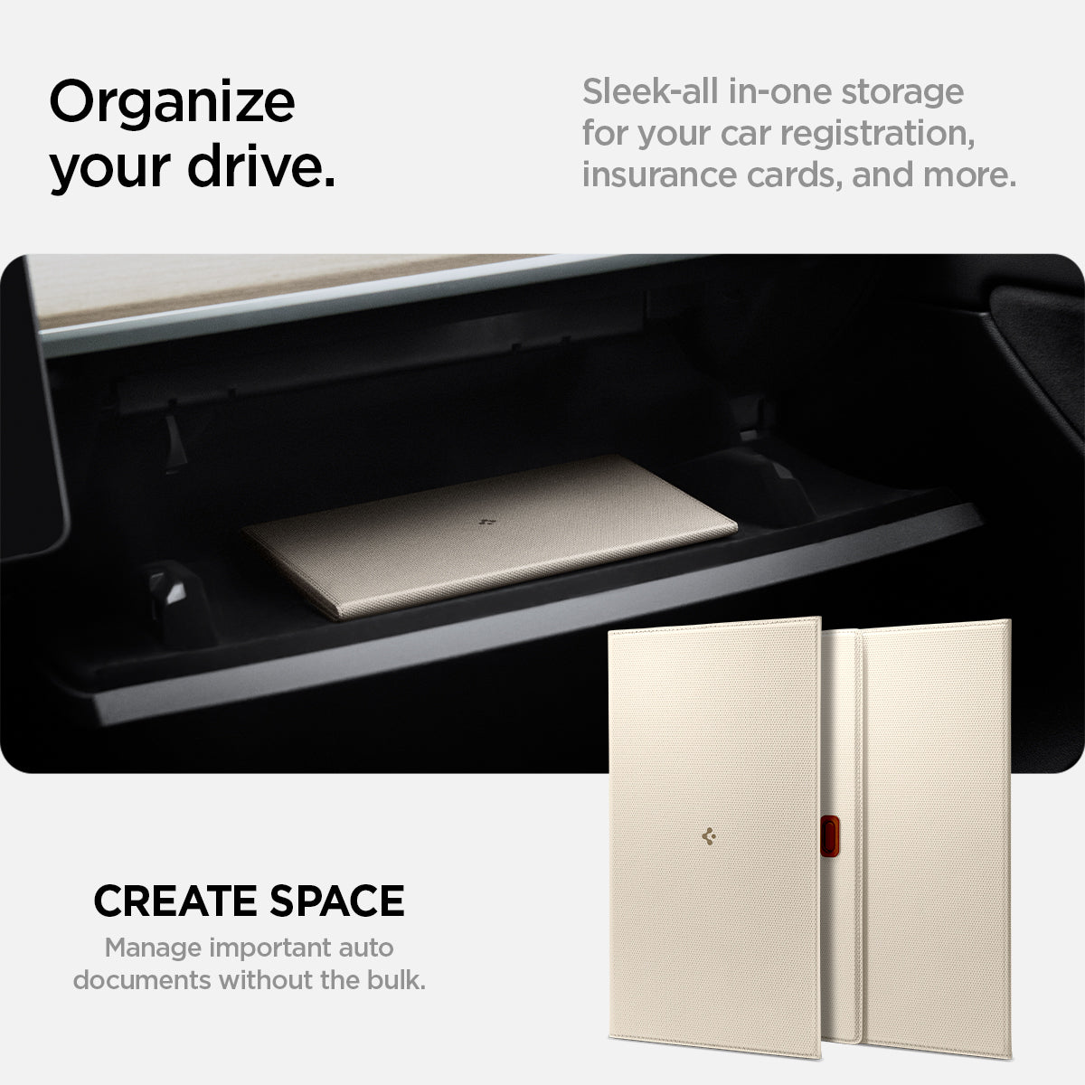 ACP08882 - Registration Card Holder | IC100 in Dune Beige showing how to organize your drive, sleek-all n-one storage for your car registration, insurance cards, and more, create space, manage important auto documents without the bulk