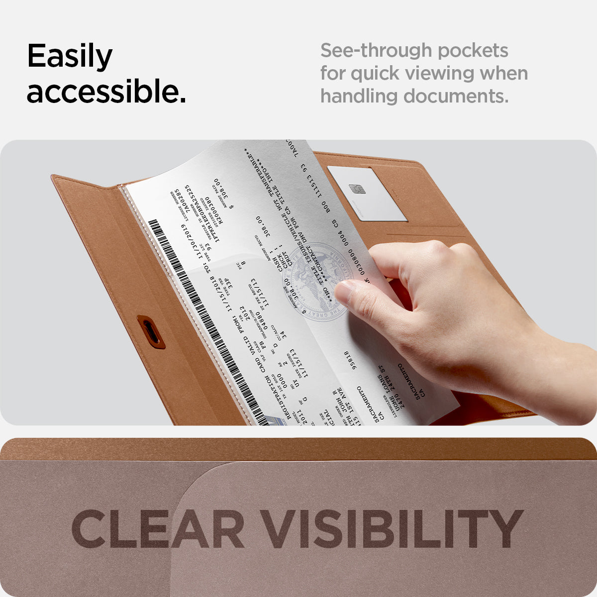 ACP08882 - Registration Card Holder | IC100 in Dune Beige showing how easily accessible, see-through pockets for quick viewing when handling documents