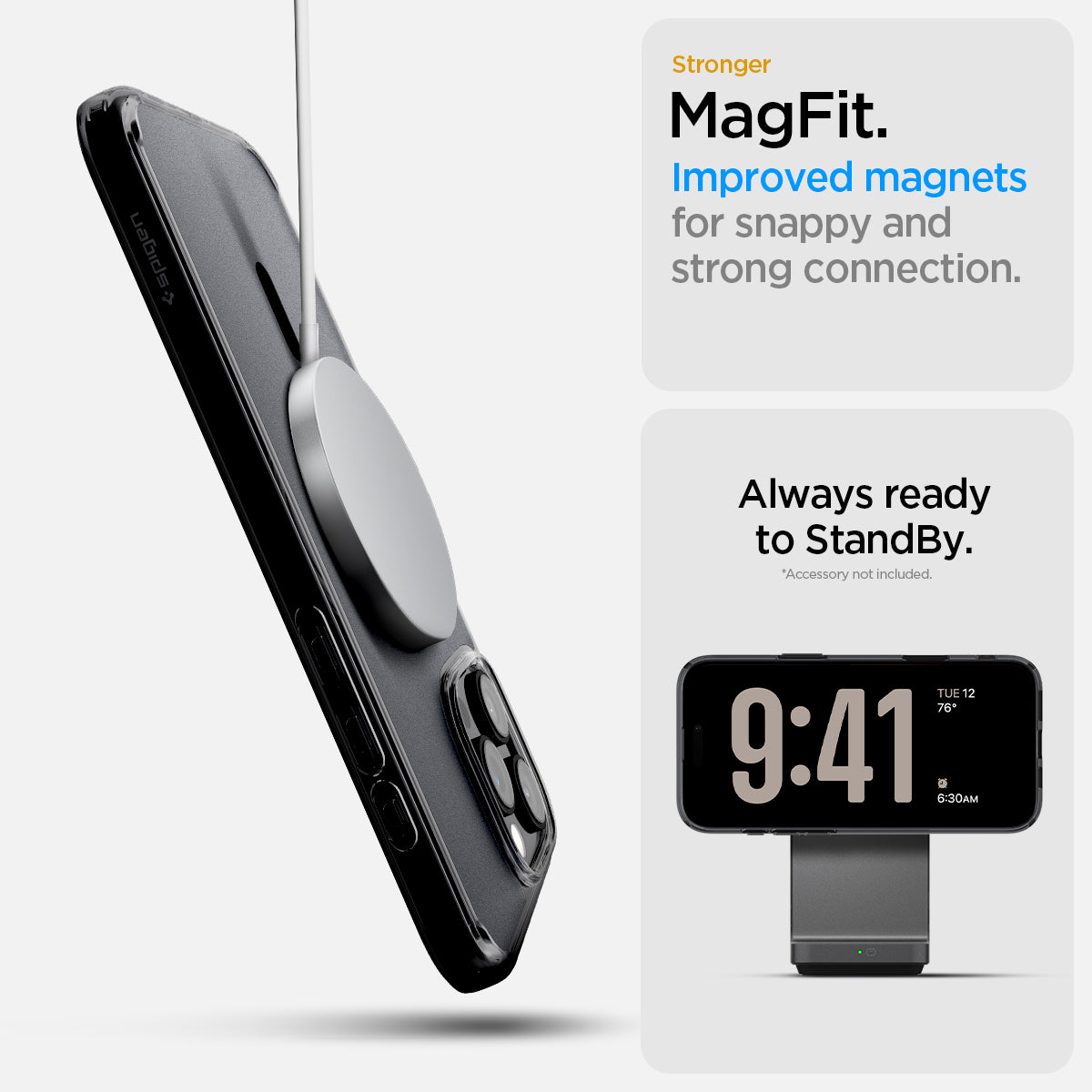 ACS08514-  iPhone 16 Pro Case Ultra Hybrid T (MagFit + Camera Control) in Frost Black showing its stronger MagFit, improved magnets, for snappy and strong connection, always ready to standby