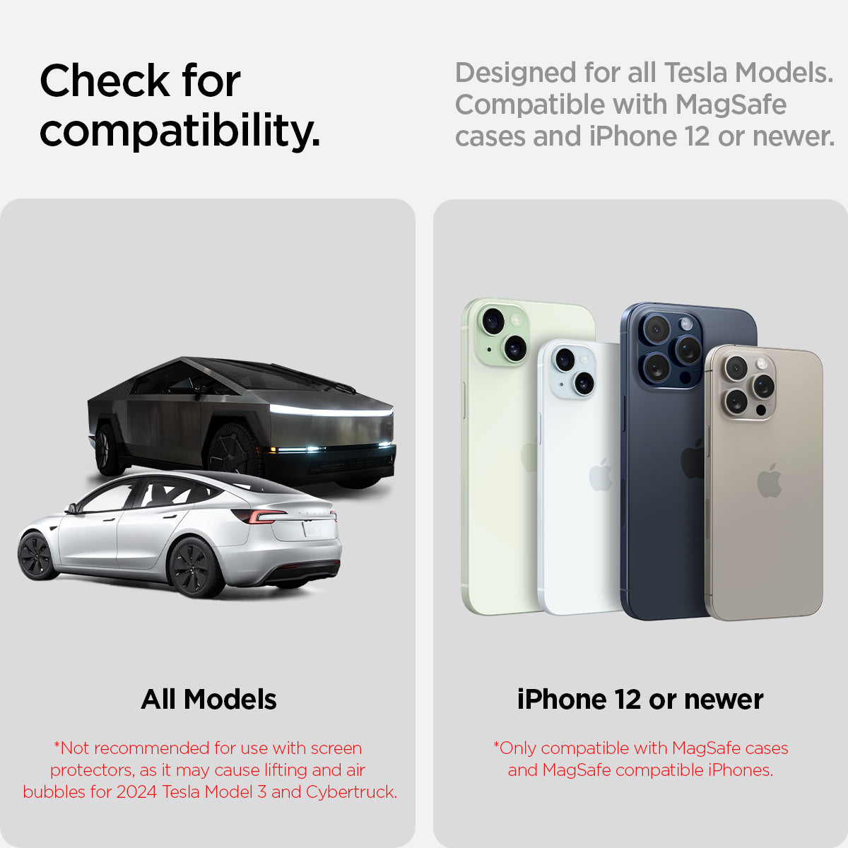 ACP07869 - Tesla Models OneTap Screen Car Mount ITLST90 (MagFit) in Black showing the compatibility, designed for all Tesla Models, compatible with magsafe cases and iphone 12 or newer, all models but not recommended with screen protectors as it may cause lifting and air bubbles for 2024 tesla model 3 and cybertruck, and only compatible with magsafe cases and magsafe compatible iphones