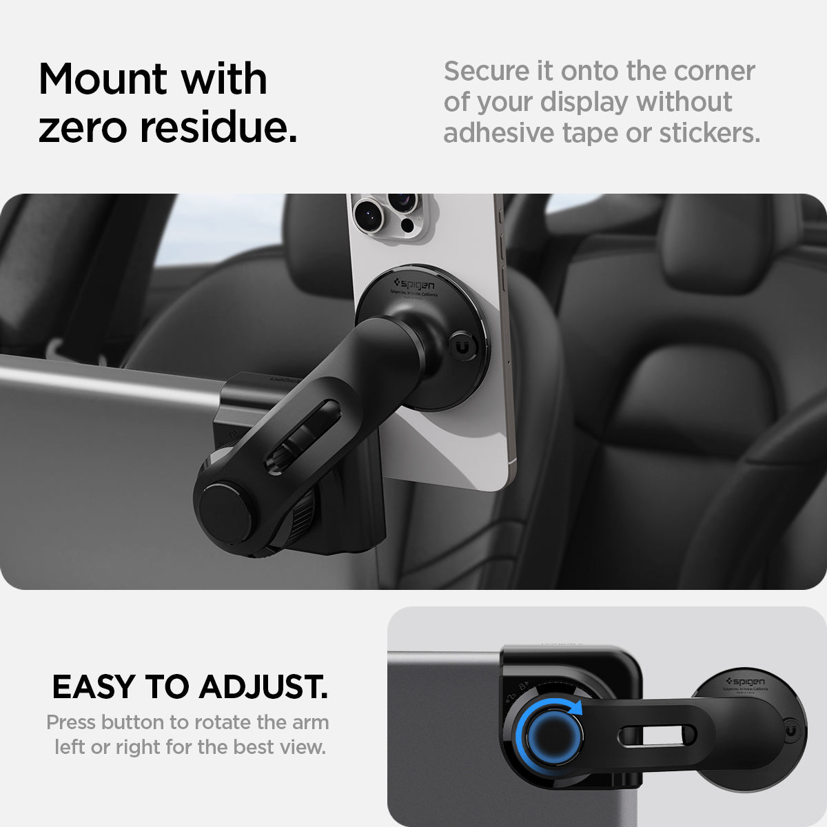 ACP07869 - Tesla Models OneTap Screen Car Mount ITLST90 (MagFit) in Black showing the mount with zero residue, secure it onto the corner of your display without adhesives tape or stickers, easy to adjust, press button to rotate the arm left or right for the best view