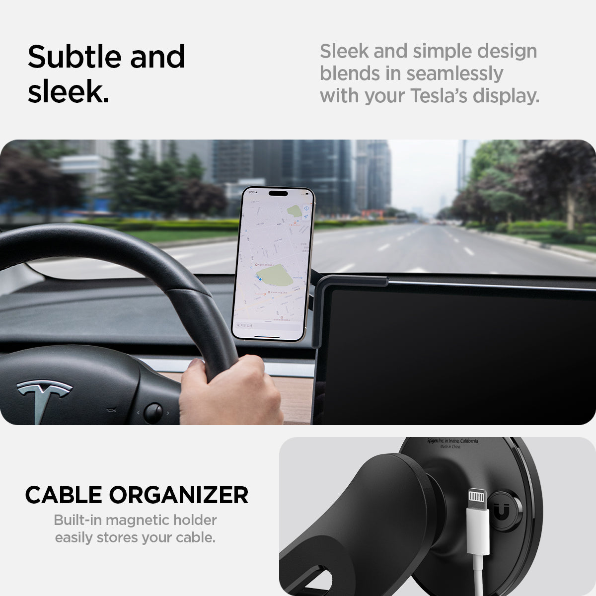 ACP07869 - Tesla Models OneTap Screen Car Mount ITLST90 (MagFit) in Black showing the subtle and sleek, sleek and simple design blends in seamlessly with your Tesla's display, cable organizer built-in magnetic holder easily stores your cable