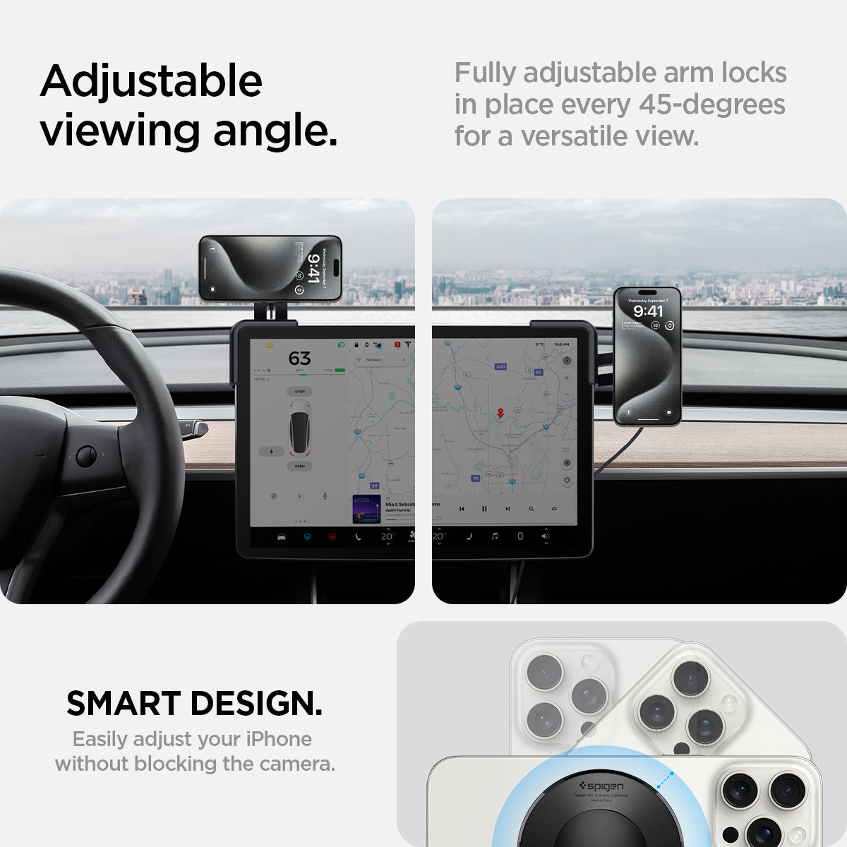 ACP07870 - Tesla Tap Pro Lock Wireless Car Mount ITLST90W in Black showing the adjustable viewing angle, fully adjustable arm locks in place every 45-degrees for a versatile view, smart design, easily adjust your iPhone without blocking the camera