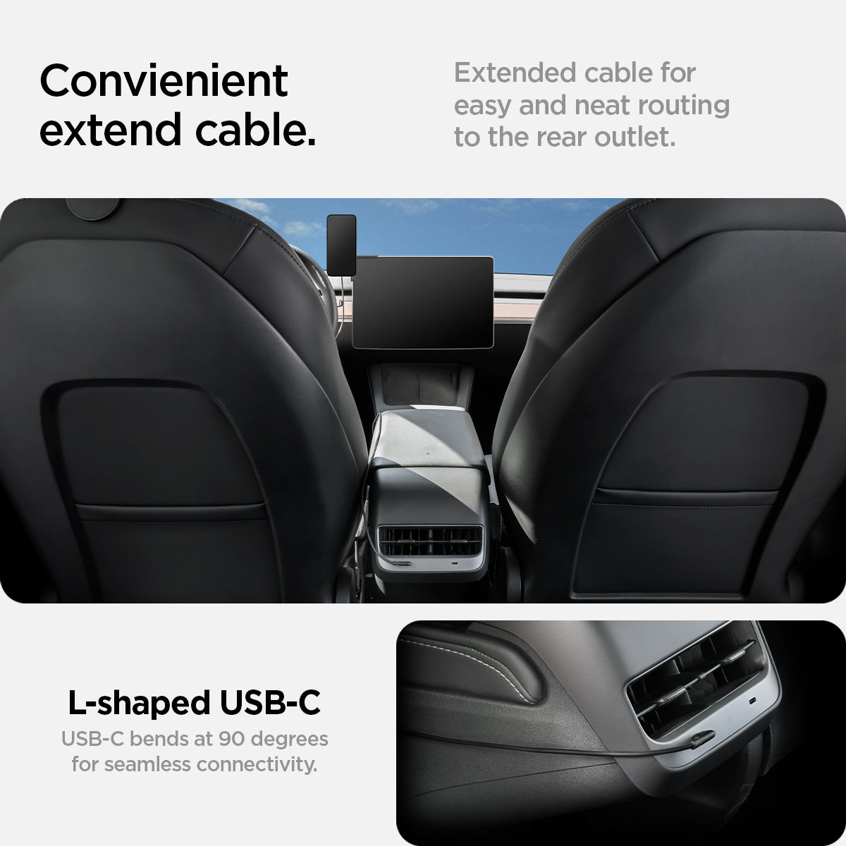 ACP07870 - Tesla Tap Pro Lock Wireless Car Mount ITLST90W in Black showing the convenient extend cable, extended cable for easy and neat routing to the rear outlet, L-shaped usb-c, bends to 90 degrees for seamless connectivity