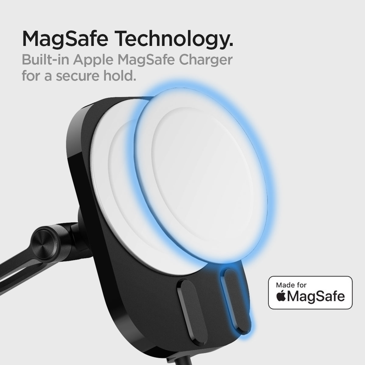 ACP03695 - OneTap Pro 3 Dashboard Car Mount ITM35W (MagFit) showing the MagSafe Technology. Built-in Apple Magsafe Charger for a secure hold.  A magnetic ring hovering above a car mount plate