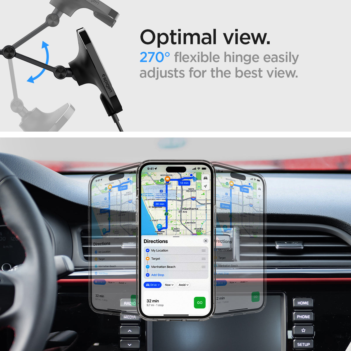 ACP03695 - OneTap Pro 3 Dashboard Car Mount ITM35W (MagFit) showing the Optimal view.  270° flexible hinge easily adjusts for the best view.