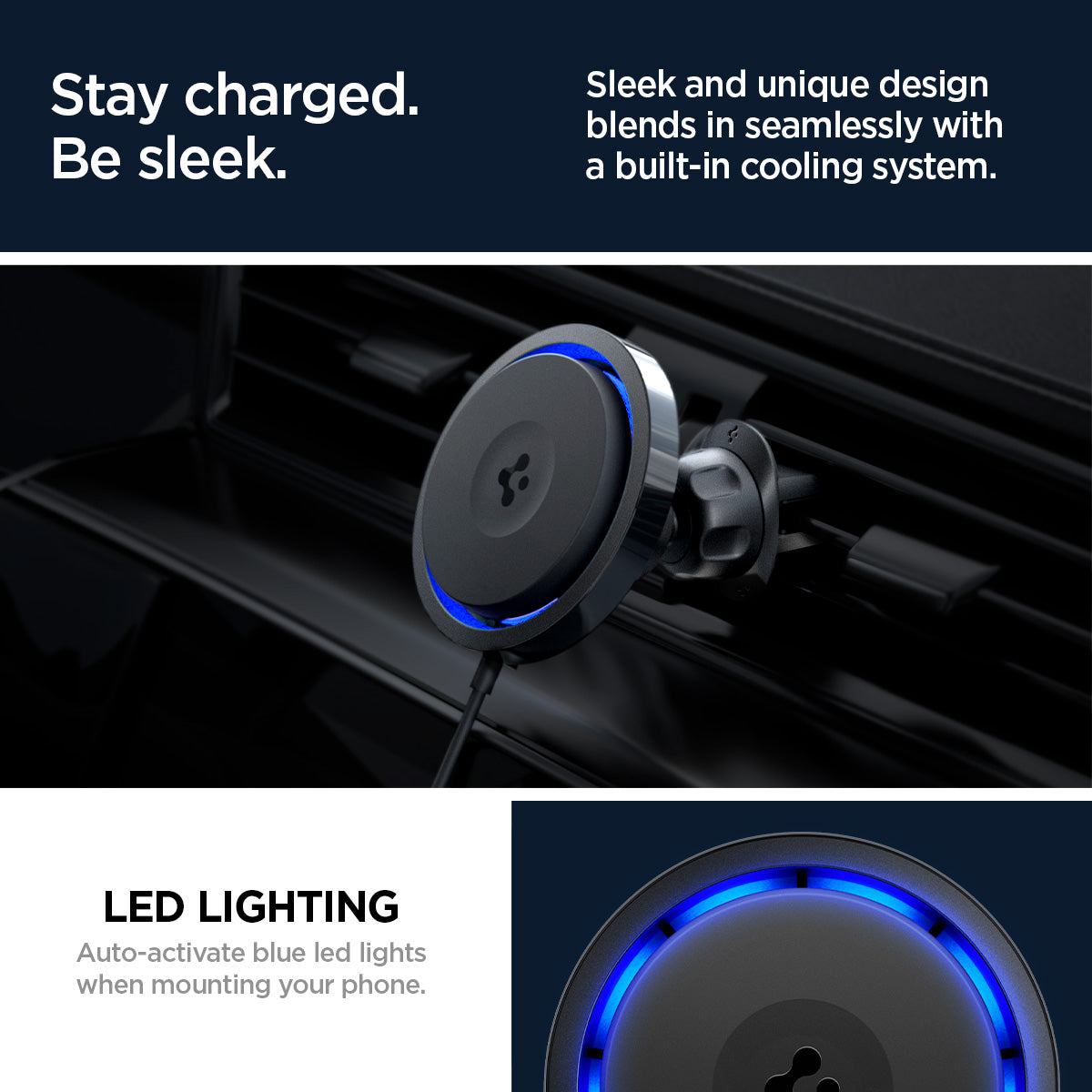 ACP07082 - OneTap Pro 3 CryoMax™ Air Vent Car Mount ITS12WC (MagFit) in Black showing the sleek and unique design blends in meaninglessly with a built-in cooling system, LED lighting, auto-activate blue led lights when mounting your phone