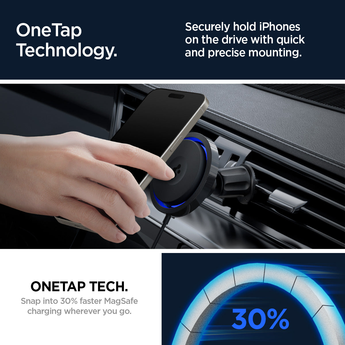 ACP07082 - OneTap Pro 3 CryoMax™ Air Vent Car Mount ITS12WC (MagFit) in Black showing the onetap technology, securely hold iphones on the drive with quick and precise mounting, onetap tech, snap into 30% faster magsafe charging wherever you go