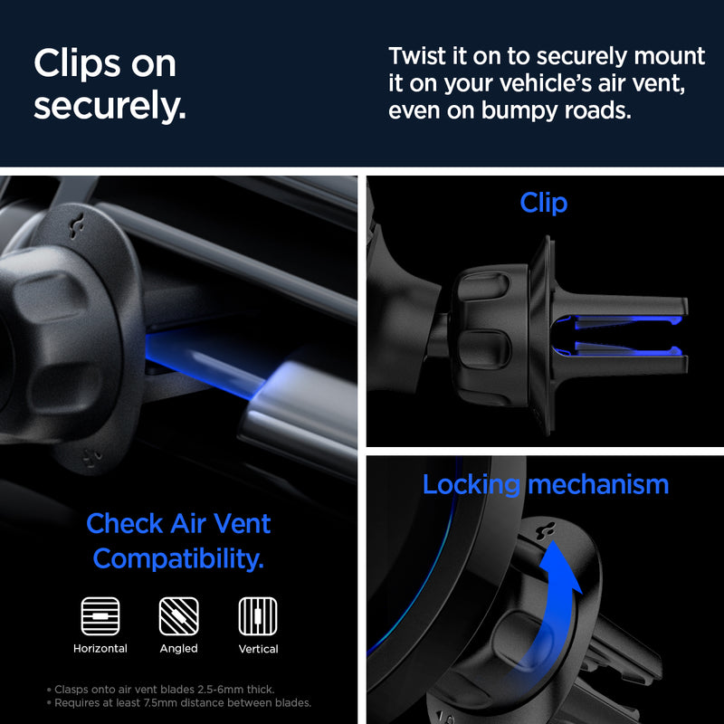 ACP07082 - OneTap Pro 3 CryoMax™ Air Vent Car Mount ITS12WC (MagFit) in Black showing the clips on securely, twist it on to securely mount it on your vehicle's air vent, even on bumpy roads, check air vent compatibility, locking mechanism