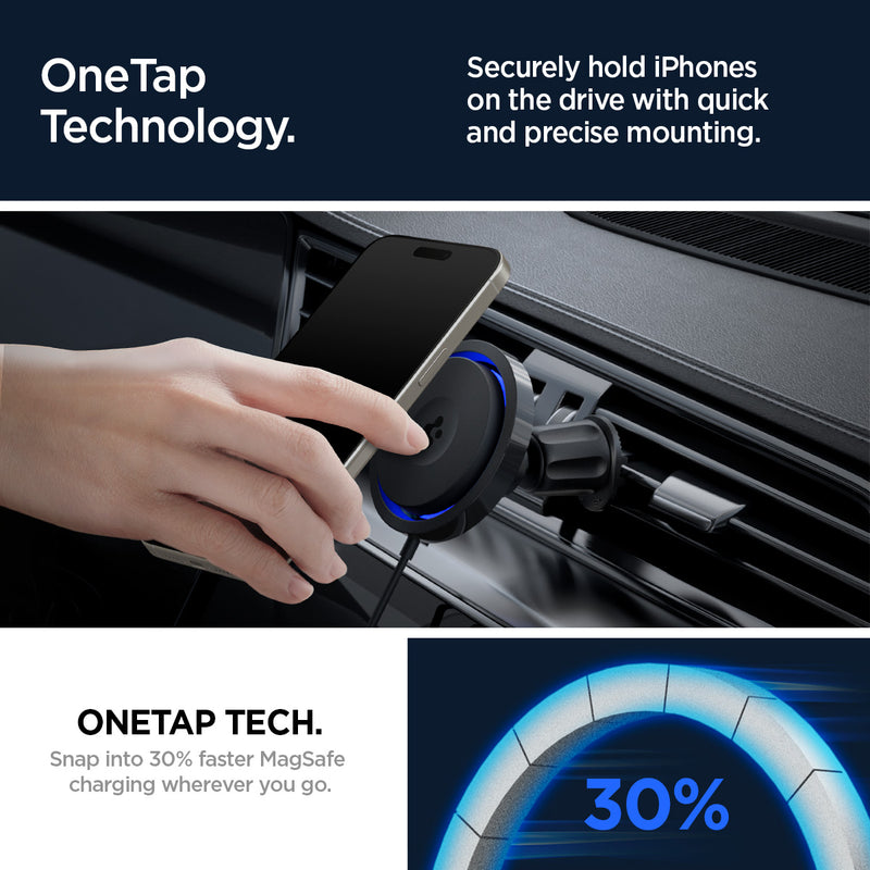 ACP07446 - OneTap Pro 3 CryoMax™ Hook Car Mount ITS13WC (MagFit) in Black showing the onetap technology, securely hold iphones on the drive with quick and precise mounting, onetap tech, snap into 30% faster magsafe charging wherever you go