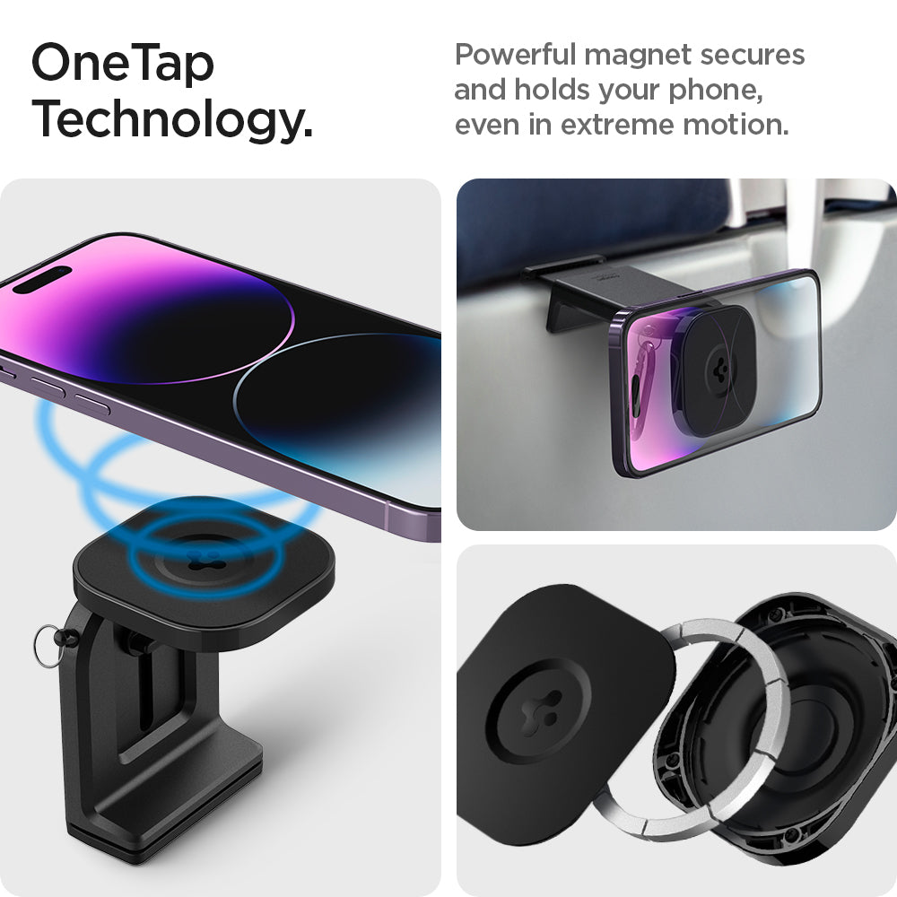 AMP05756 - In-flight Phone Mount (MagFit) in black showing the OneTap Technology, powerful magnet secures and holds your phone, even in extreme motion