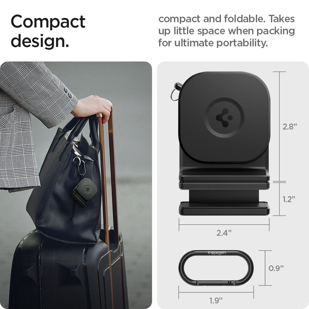 AMP05756 - In-flight Phone Mount (MagFit) in black showing the compact design, compact and foldable. Takes up little space when packing for ultimate portability, size (2.8" x 1.2" x 2.4") carabiner size (0.9" x 1.9")