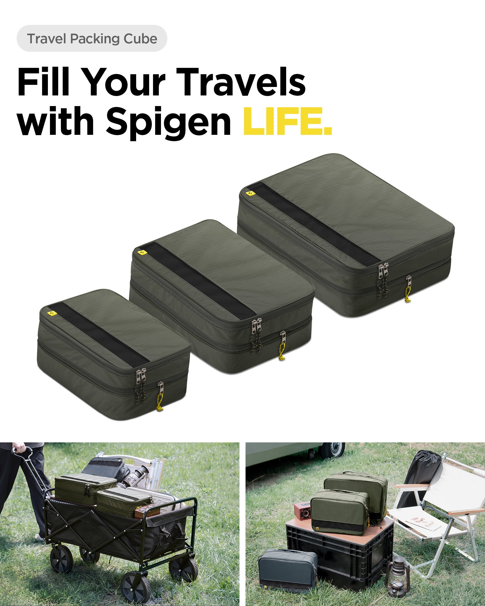 AFA08479 - Travel Packing Cubes KD600 small (2) + XL (1) in Hunter Green showing filling your travels with Spigen LIFE, carry anywhere, everywhere on your travels